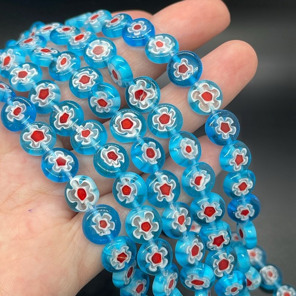 Муранское стекло синее круг цветок  10 мм