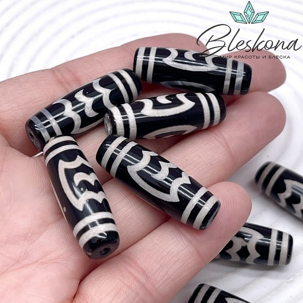 Бусина Дзи Птица Гаруда черно-белый бочонок 30*11 мм