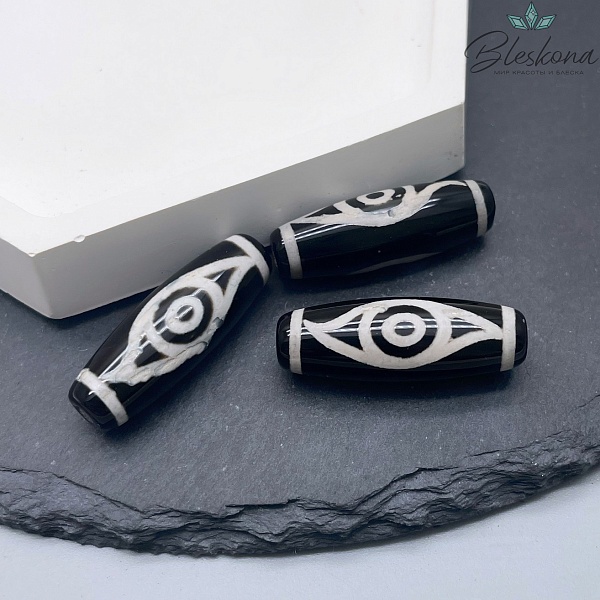 Бусина Дзи 2 глаза Феникса черно-белый бочонок 30*11 мм