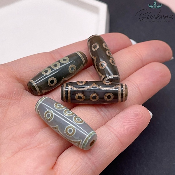 Бусина Дзи 7 глаз и 3 бесконечности зелено-коричневый бочонок 30*11 мм