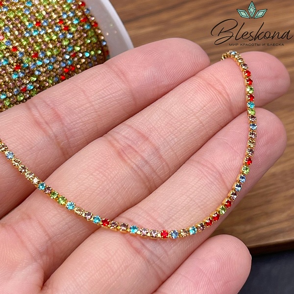 Цепь №309-1 цвет золото, стразовая лента цирконы микс 1,7 мм