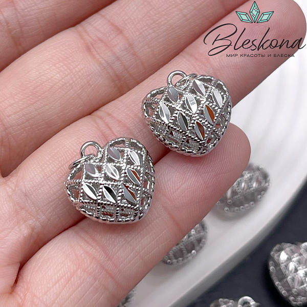 16,2*16 мм, цвет серебро, Подвеска сердце объемное ромбики