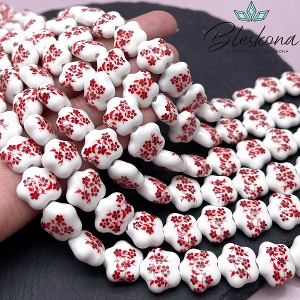 14,5*14 мм Керамика Бусина цветок роспись гжель №10 