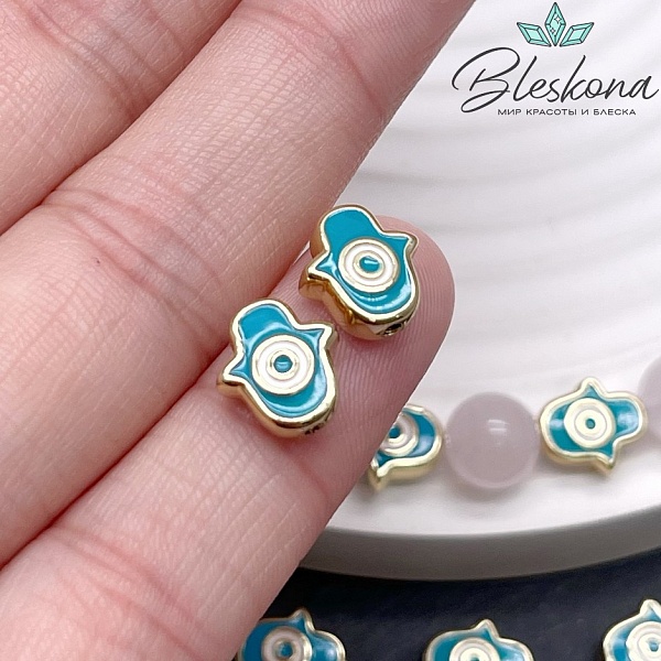 9,5*9 мм Цвет золото, Бусина рука Фатимы голубая эмаль