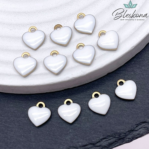 9*10мм, цвет золото, Подвеска сердце белая эмаль 