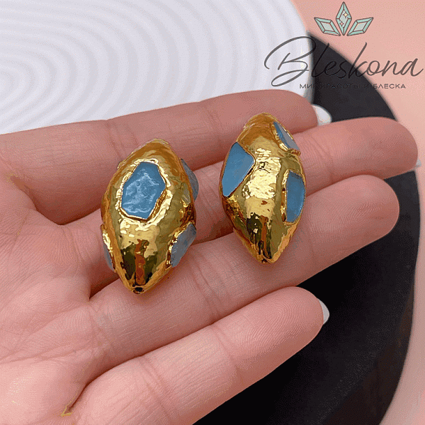 33*17 мм Цвет золото, Бусина  зауженный овал Аквамарин