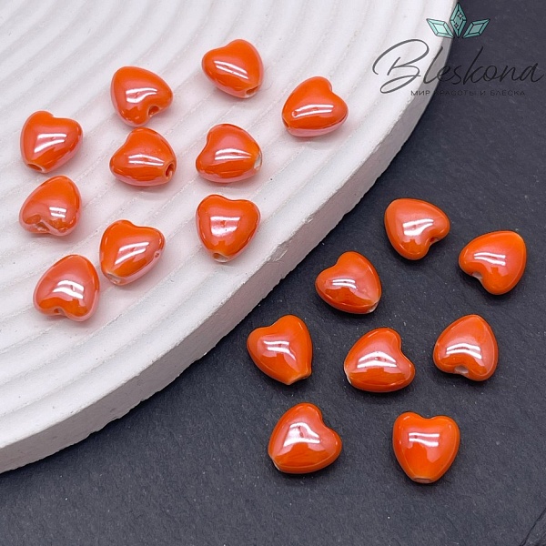 10 мм Бусина сердце, керамика цвет оранжевый