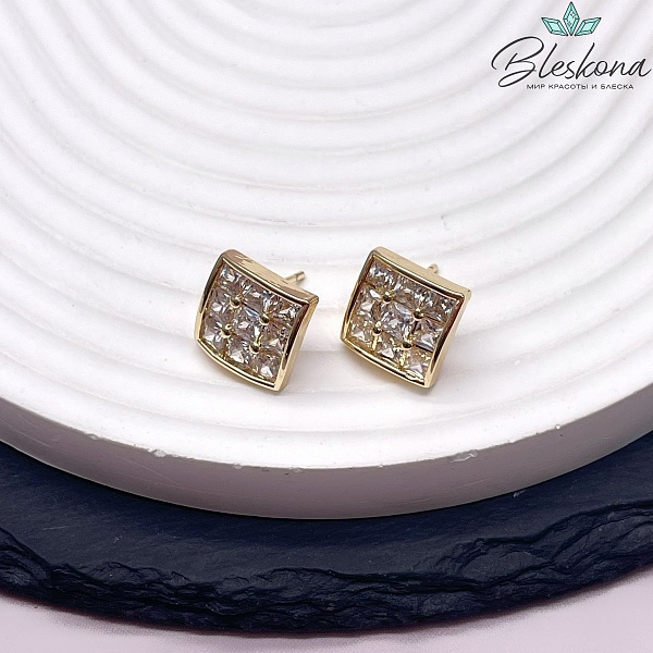 15,5 мм Цвет золото, Пусеты ромб с цирконами