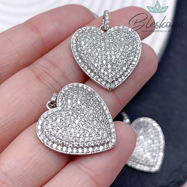 Подвеска сердце с цирконами, цвет серебро 23,5*23мм