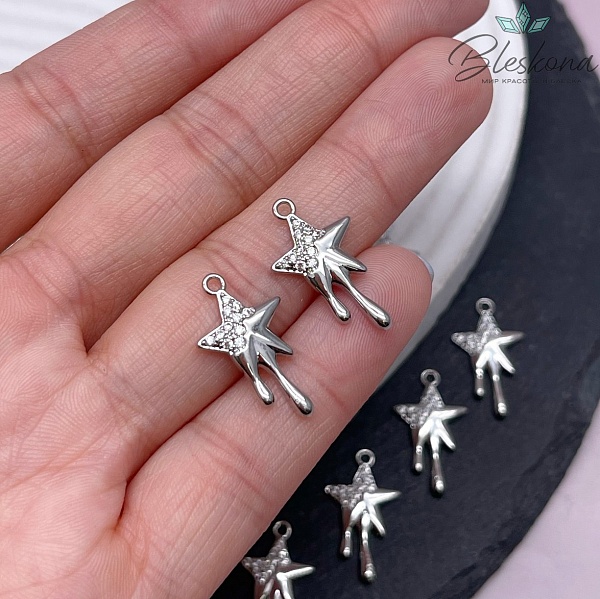 20,7*11,7 мм, Цвет серебро, Подвеска звезда с каплями цирконы