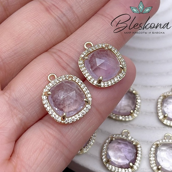 14мм, цвет золото ,Подвеска квадрат Аметист Лавандовый в обрамлении цирконы