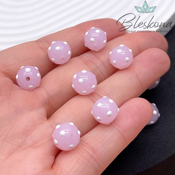 10 мм Бусина шар розовый белые точки