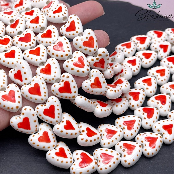 14,5 мм Бусина сердце, керамика цвет белый красный рисунок №1