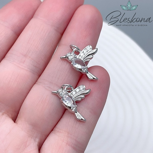 16*16 мм Цвет серебро, Подвеска Колибри с белым цирконом 