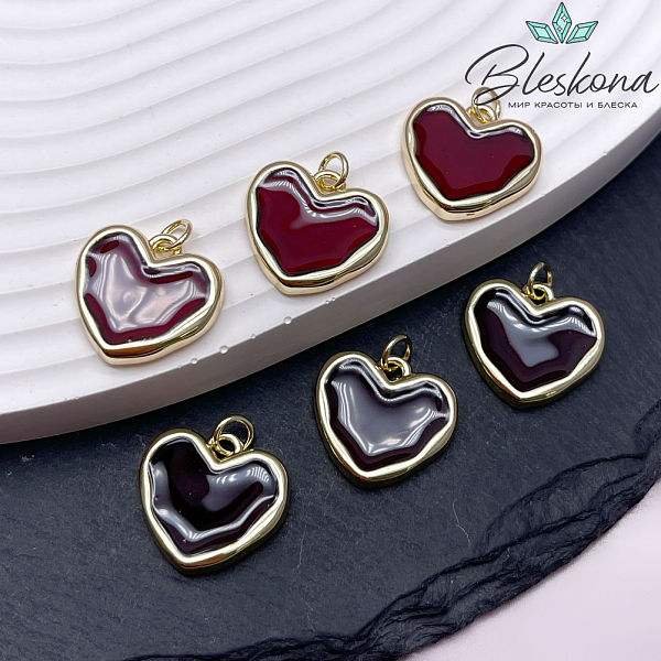 16,5*17,3 мм Цвет золото, Подвеска Сердце бордовая эпоксидная смола