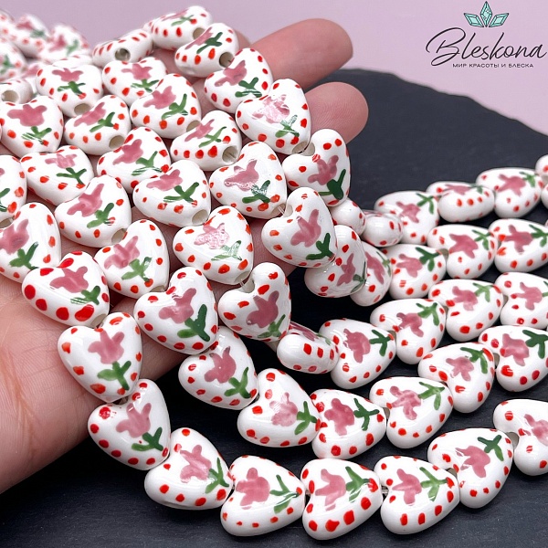 14,5 мм Бусина сердце, керамика цвет белый розовый тюльпан