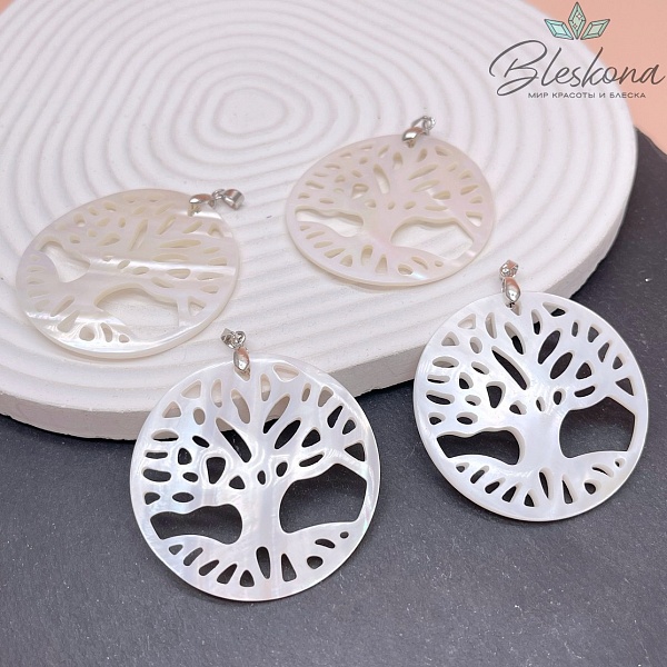 45мм Цвет серебро, Подвеска Дерево счастья белый перламутр 