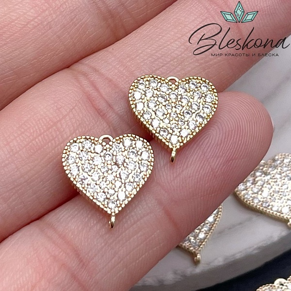 12,8*12 мм Цвет золото, Коннектор Сердце цирконы
