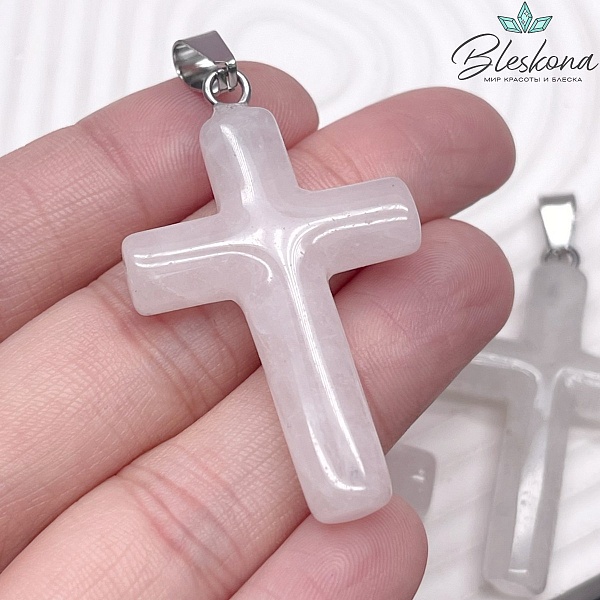 Подвеска крест Розовый кварц, цвет серебро 45*28 мм