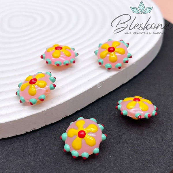 20 мм Бусина округлая розовая желтый цветок