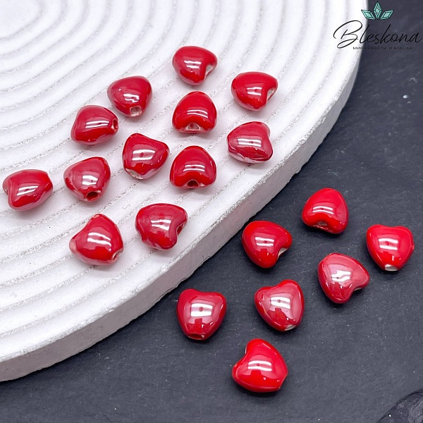 12 мм Бусина сердце, керамика цвет красный