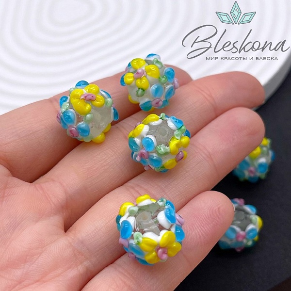 14 мм  Бусина шар цветок голубой